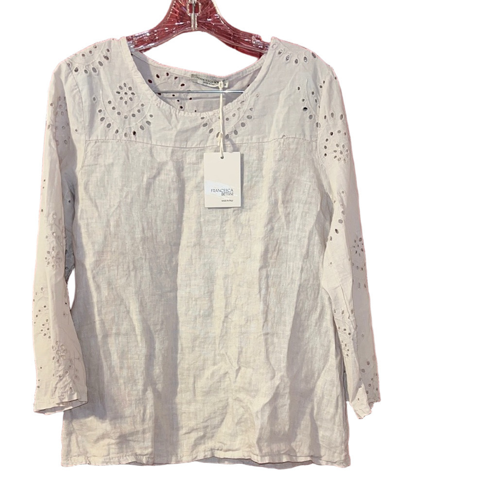 NWT Elegant Cream 3/4 Sleeve Eyelet Linen Blouse Small
